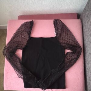 Petal & Pup Black Square Neck Top with Sheer Puff Dotted Sleeves